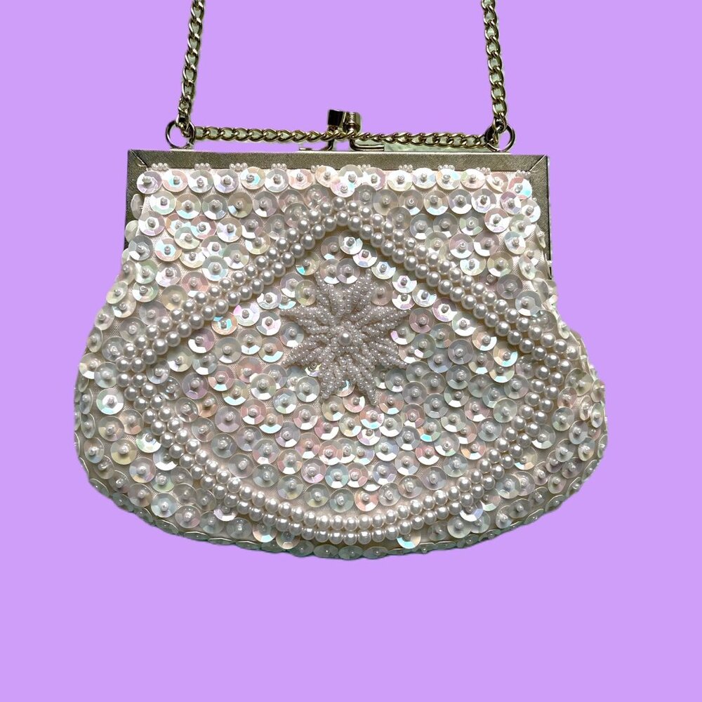 Vintage Mr Ernest beaded and sequined white evening bag made in Hong Kong